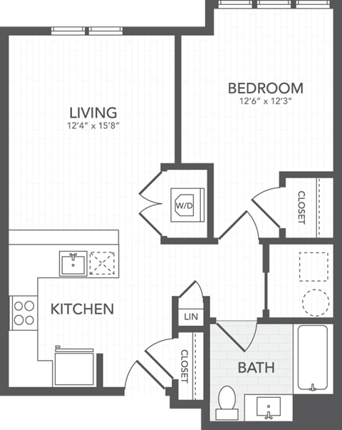 a floor plan of a bedroom apartment with a bathroom and a kitchen